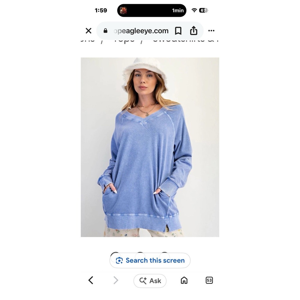 New Easel Mineral Washed V Neck Pullover Sweatshirt Periblue Oversize Fit Medium